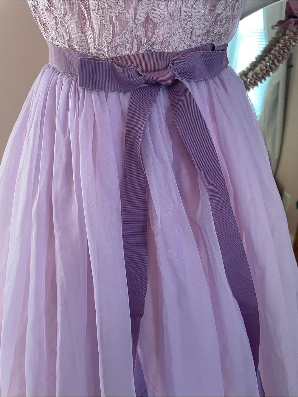 1960s Lavender Lace Cupcake Party Dress with Grosgrain Ribbon Waist Back Zip - Picture 4 of 12